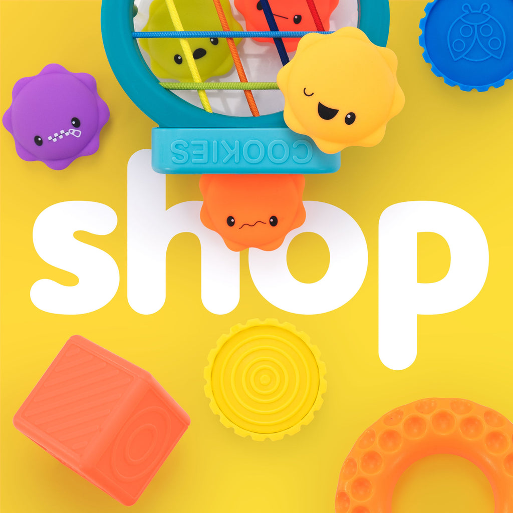 yellow background with toy rings, coins, blocks and cookie jar with the word "shop"