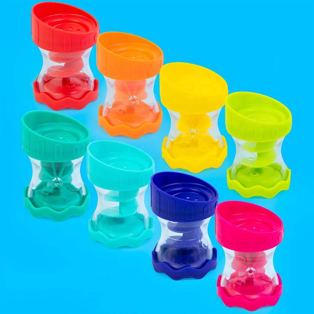 eight multicolored barrels with holes on both ends and an internal spinner that allows water to sift through.