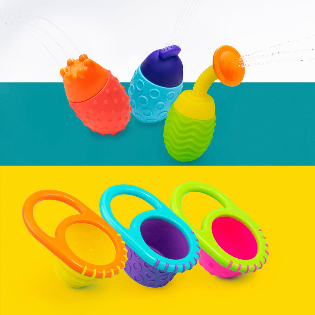 collection of 6 multi colored bath toys that can squirt water and scoop water
