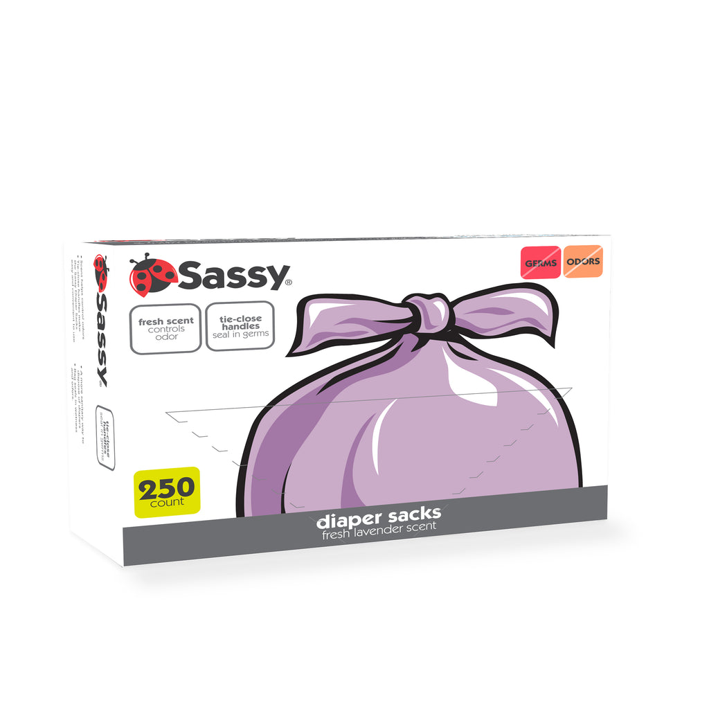 box of 250 diaper sacks with a fresh lavender scent