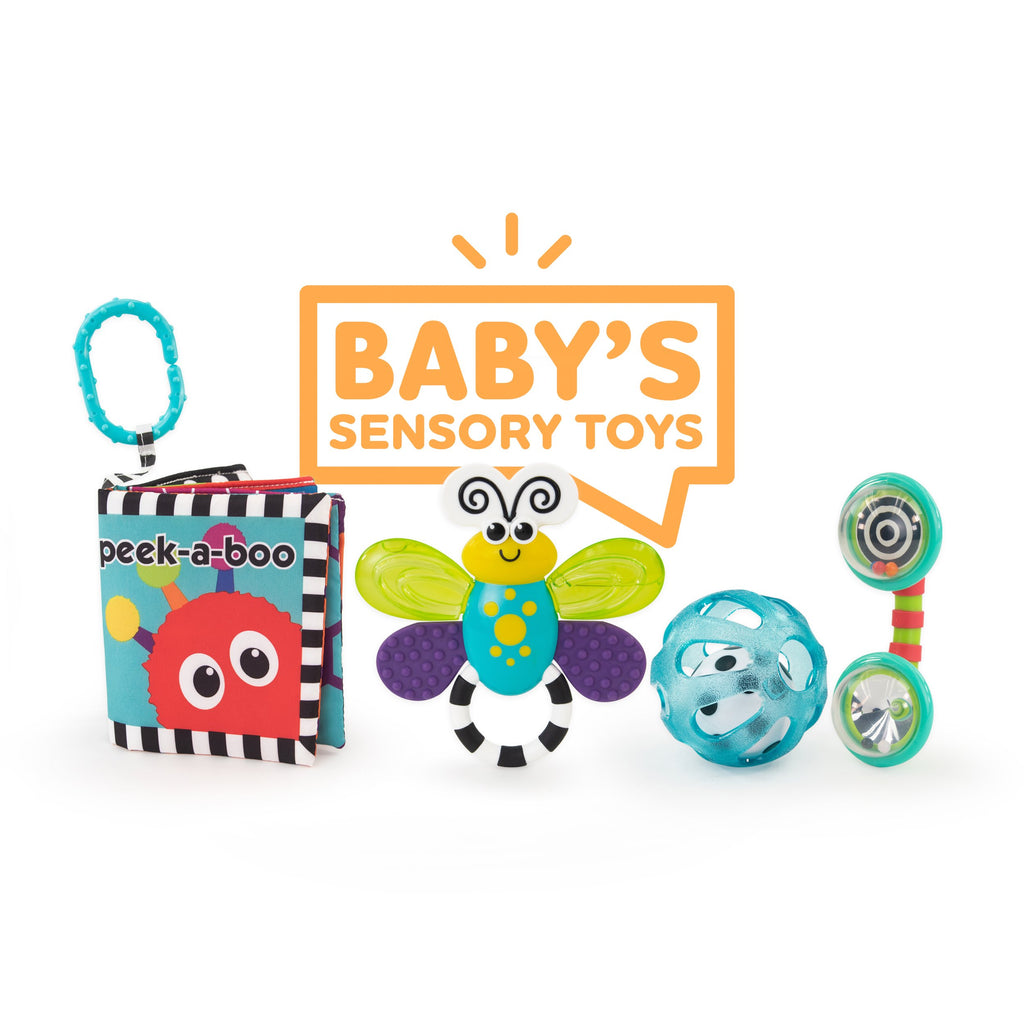 baby's sensory toys. Peek-a-boo book, butterfly teether, blue chime ball, telephone rattle