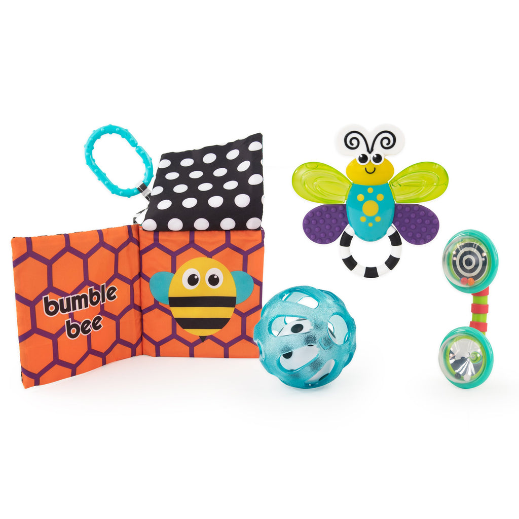 baby's sensory toys. Peek-a-boo book, butterfly teether, blue chime ball, telephone rattle