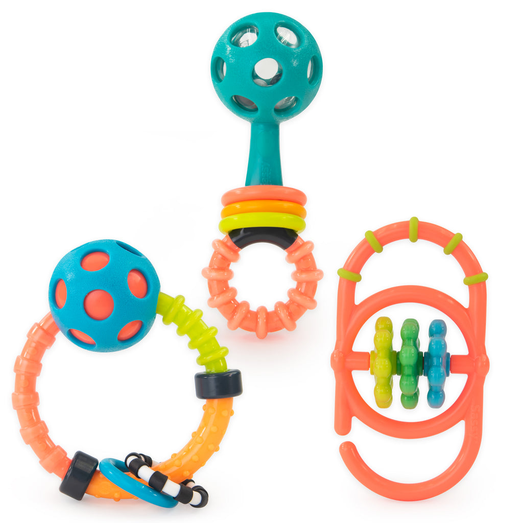 A set of 3 rattles one ring rattle., one classic rattle, one link with spinning gears