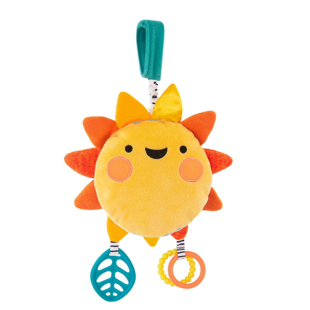 Smiling plush sunshine with leaf teether and click clack rings, and attachable velcro. 