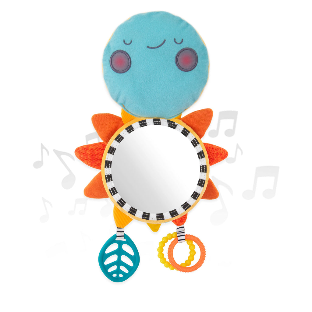 flip up toy to reveal a smiling moon with light up cheeks and a mirror