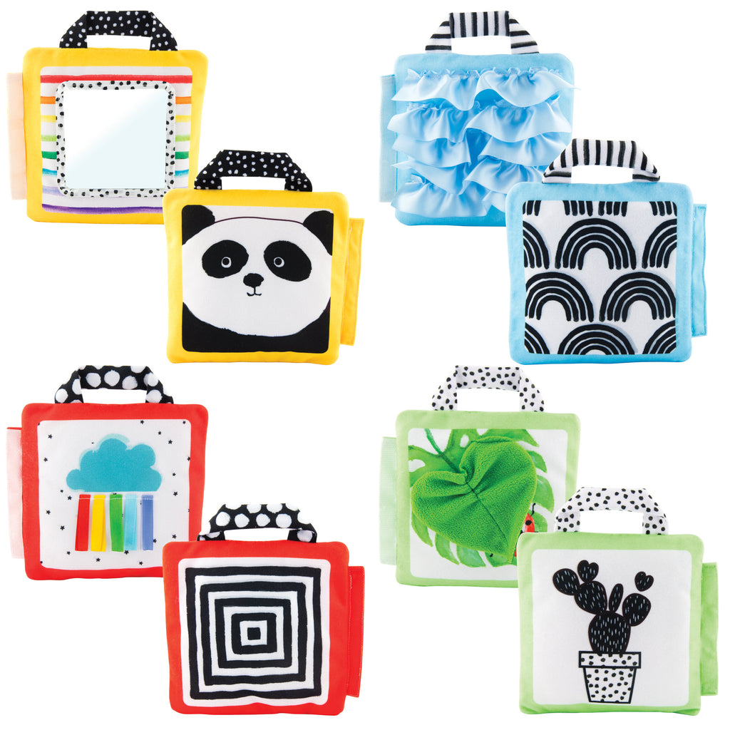 4 different colored and themed panels that can connect together by velcro. baby can explore different textures, mirror, crinkle, peek-a-boo, ribbons and colors (black, white, red, blue, green, yellow). 
