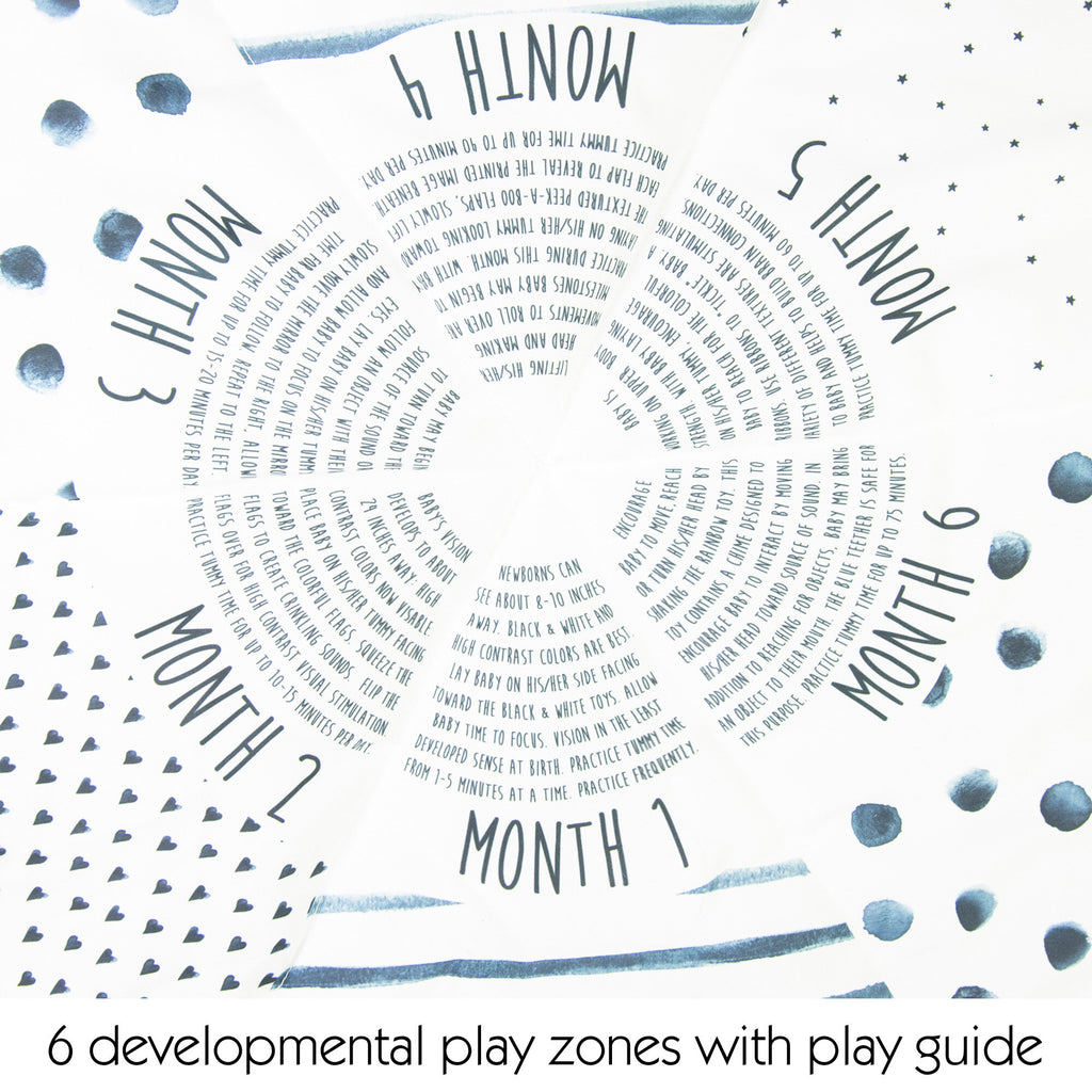 photo of 6 developmental play zones with play guide from months 1-6.