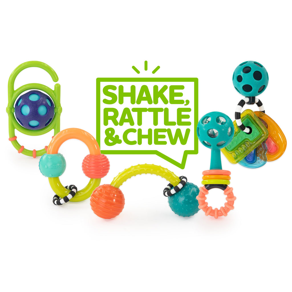 a five piece rattle set. each rattle has different textures, colored, rings, and sounds (including teethable keys, beads, rings) 