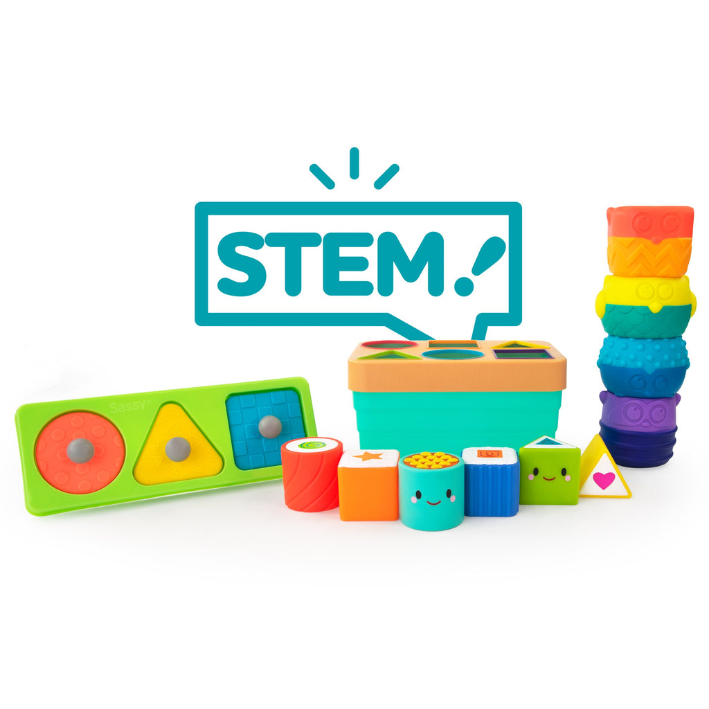 a stem inspired box with 3 sets of different toys. the first piece a puzzle board with three different shapes that have three different colors. the second piece is a animal inspired animal stacker that has multi-textures and colors. the third piece is a shape sorting toy that is sushi themed. 