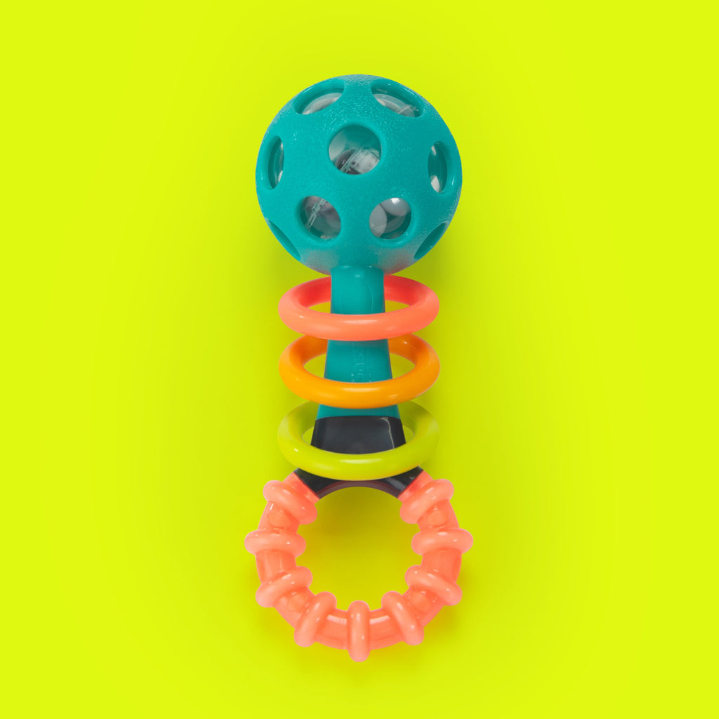 rattle with clear bead chamber to watch beads, rings around the neck of the rattle and a soft handle.