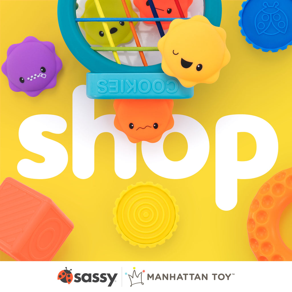 "shop" in bold surrounded by sassy toys on a yellow background. Sassy and Manhattan Toy logos at the bottom of the image