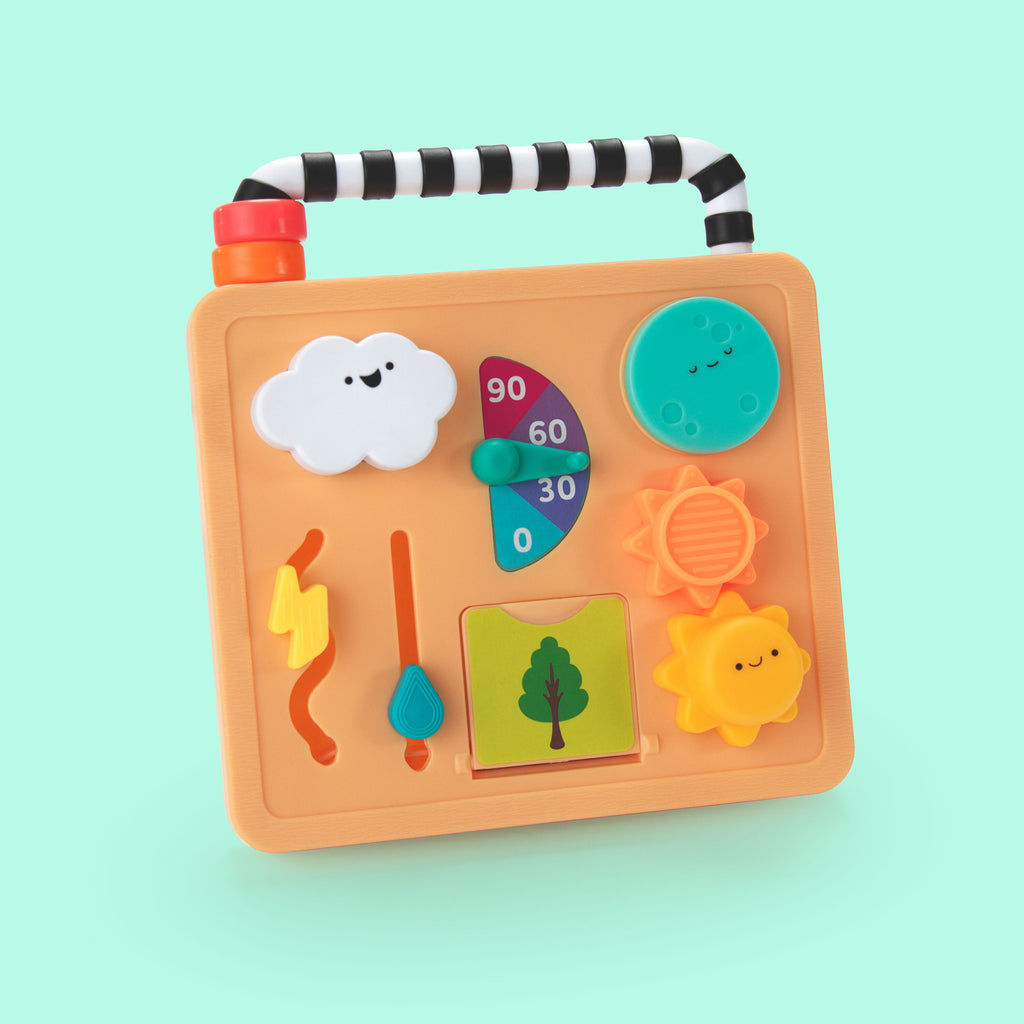 a busy board board that has 9 different functions. press and pop the white cloud. twist the yellow and orange sun gears. swivel the blue moon to reveal a mirror. the lightning bolt and raindrops move up and down tracks. the tree door opens and closes to show the changing seasons.