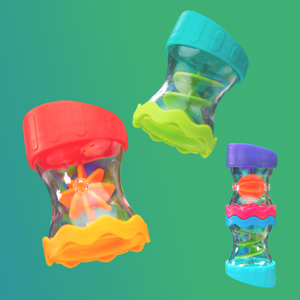 4 multi-colored bath spinner toys floating on a green background. 