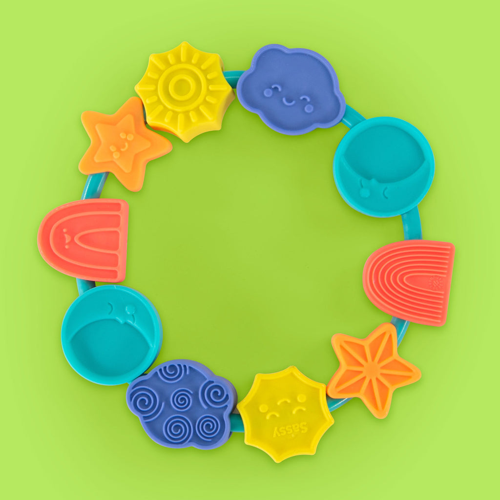 round teether with beads: moon, star, sun, cloud, rainbow