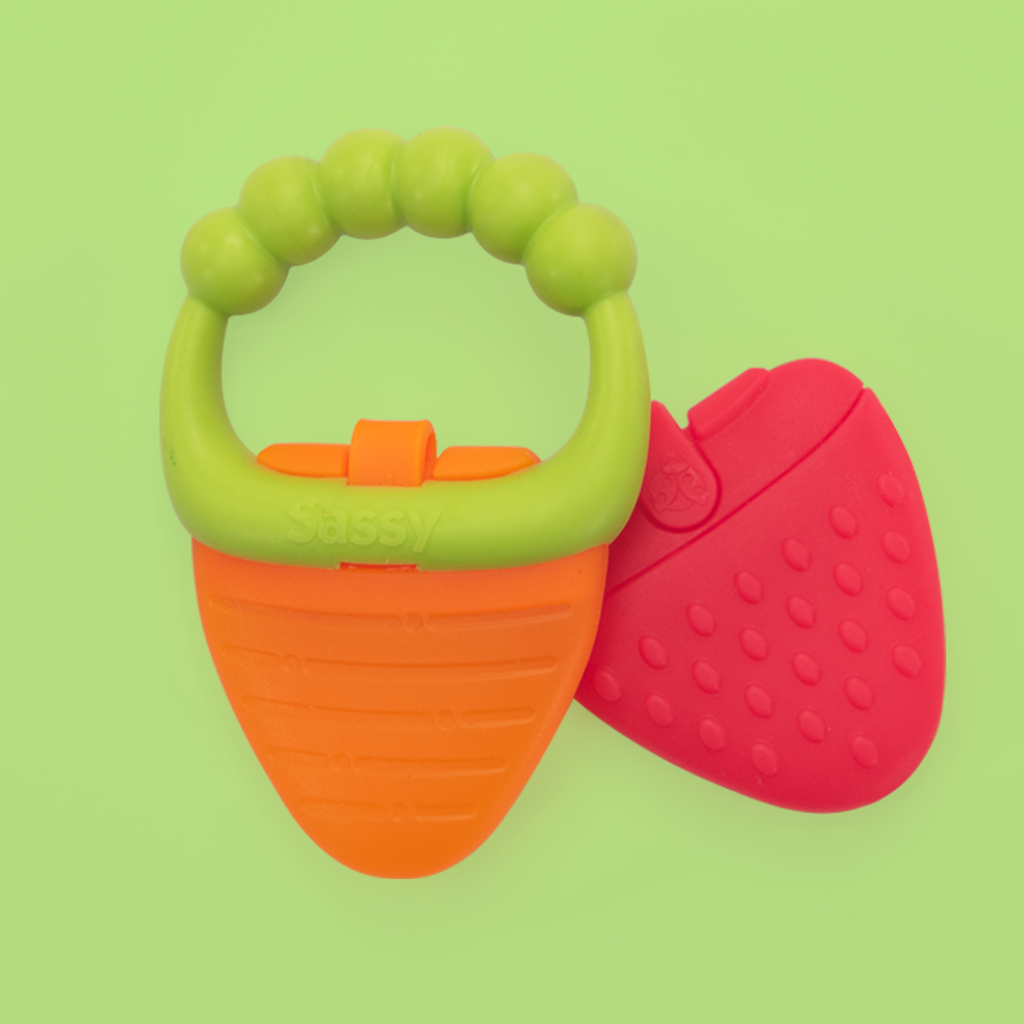 2 teethers one that looks like an orange carrot and the other looks like a red strawberry