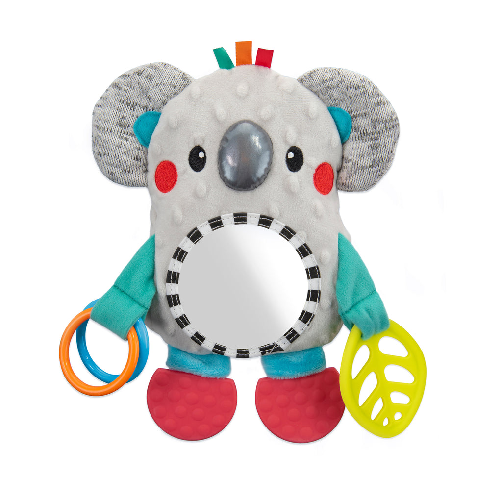 Soft koala baby toy, with a mirror belly, red teeth able feet, and rosy red cheeks.