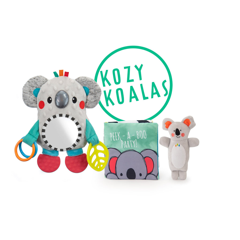 Soft koala baby toy, with a mirror belly, red teeth able feet, and rosy red cheeks. Koala soft peek-a-boo book, and soft koala rattle.