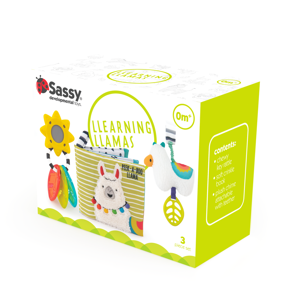 "Llearning  Llamas" book set with baby toy sunshine rattle with leaves for teething at the ends, Llama soft book, and llama hanging toy with lea teething leaf. 