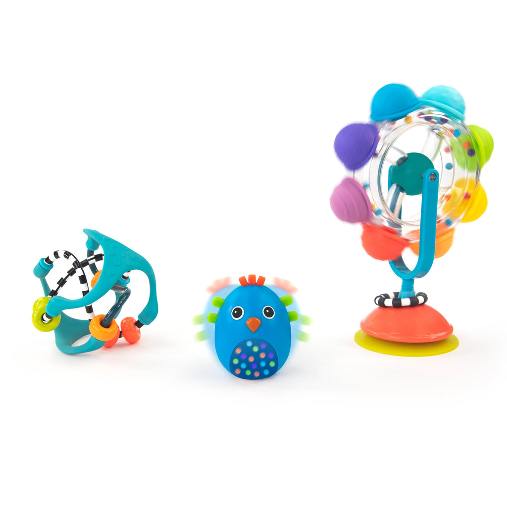 busy ball, bird rattle and rainbow reel suction toy