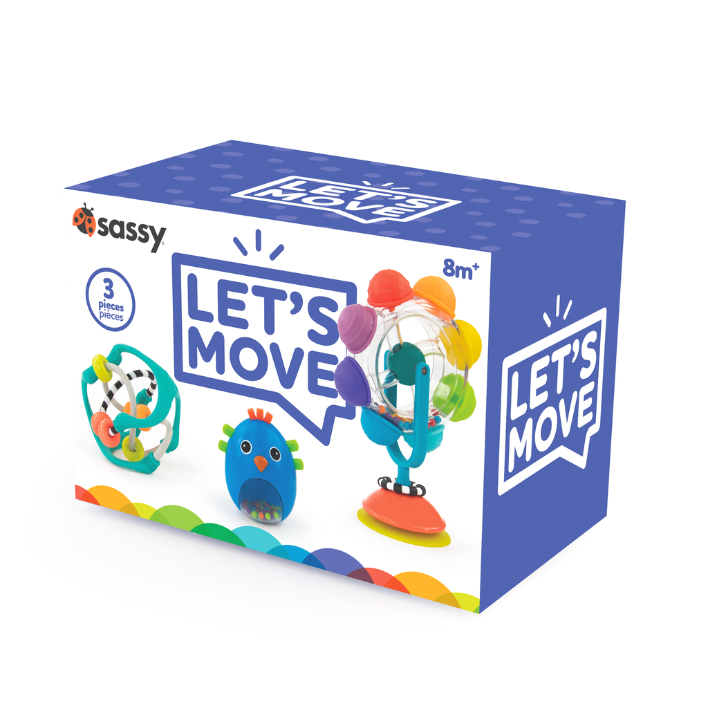 box of busy ball, bird rattle and rainbow reel suction toy "Let's Move" toy set