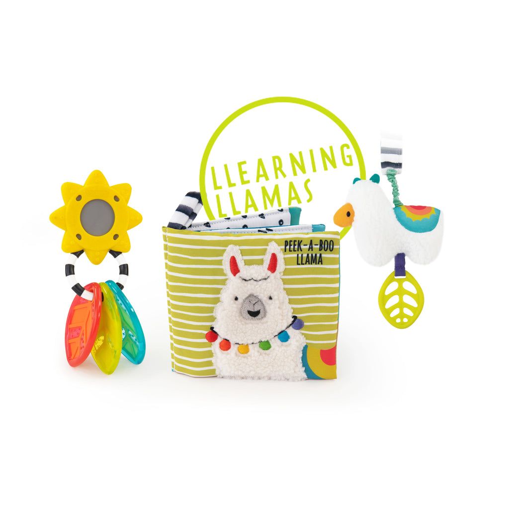 Baby toy sunshine rattle with leaves for teething at the ends, Llama soft book, and llama hanging toy with lea teething leaf. 