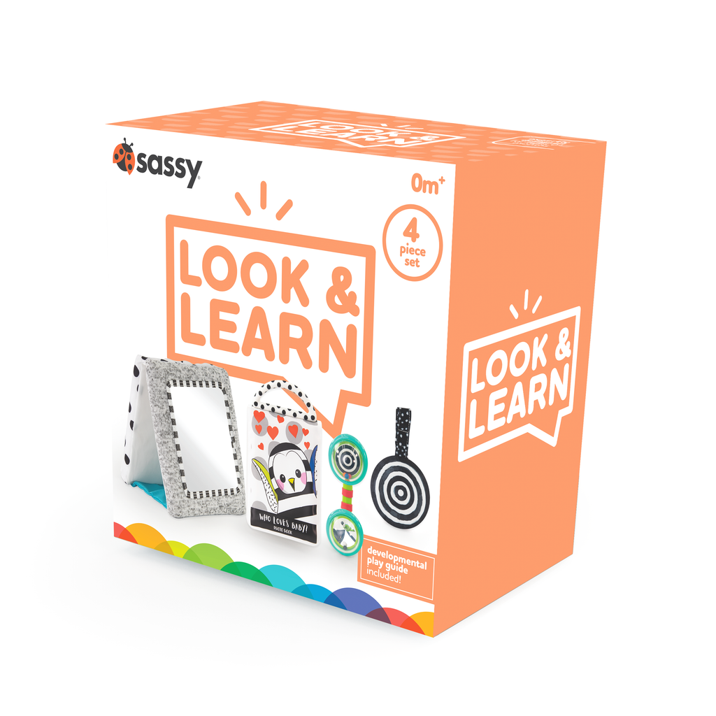 "look & learn" box set with soft gray floor mirror, phone rattle, photo album book, bullseye black and white hanging toy.