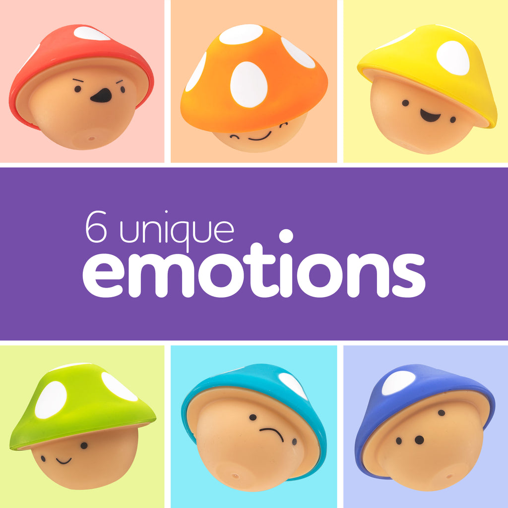 6 different colored mushrooms with 6 unique facial expressions.