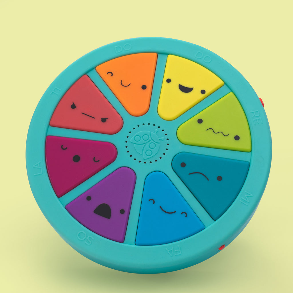 Circle toy with 8 different colored buttons with 8 unique emotions