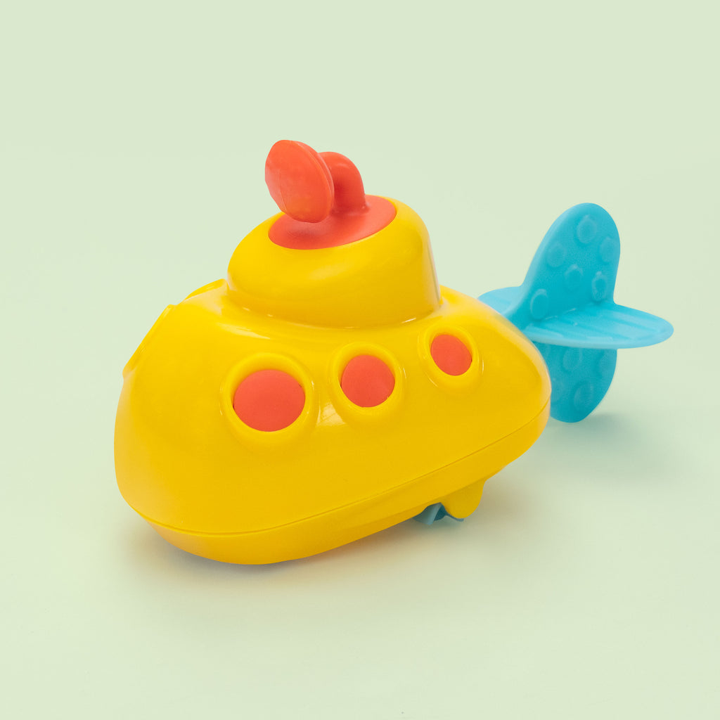 
Yellow submarine with three orange windows on the sides, an orange sail on top, and a blue four-textured propeller that skims across water when pulled